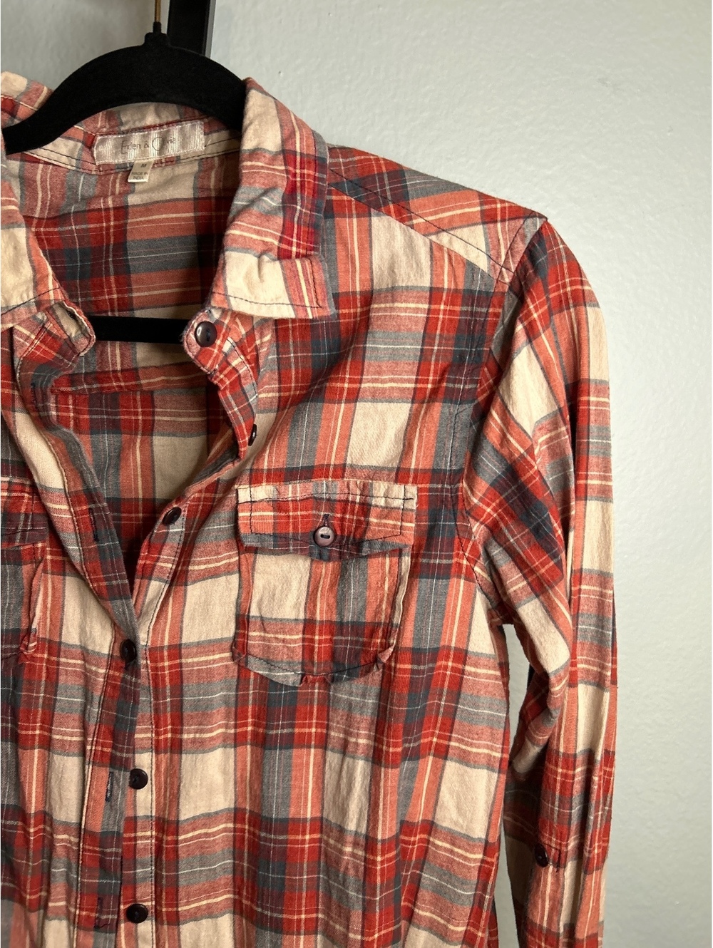 Eden & Olivia Medium Red and Blue Plaid Cotton Button-Up Shirt